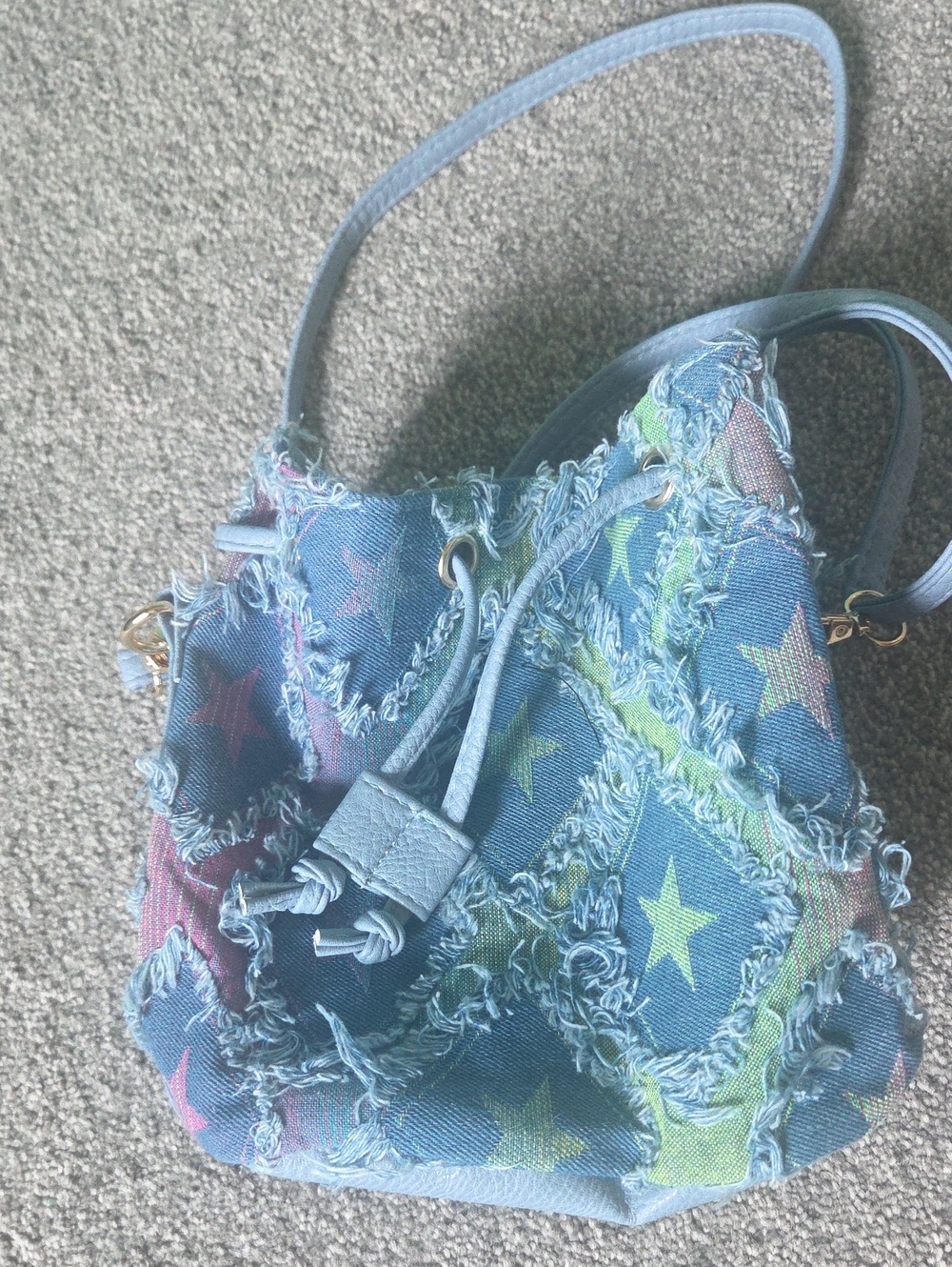 Light Blue Denim Star Patch Drawstring Shoulder Bag